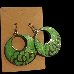 Vintage Goldtone Green Metallic Swirl Floral Enamel Hoop Earrings